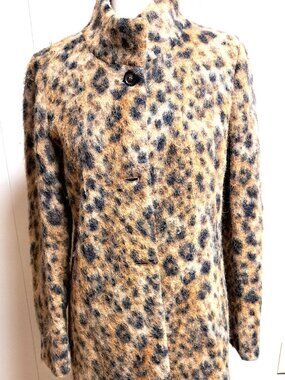 Y2K LADIES LEOPARD PRINT LONG COAT BUTTON FRONT WOOL MOHAIR ALPACA BY OLSEN SZ 8